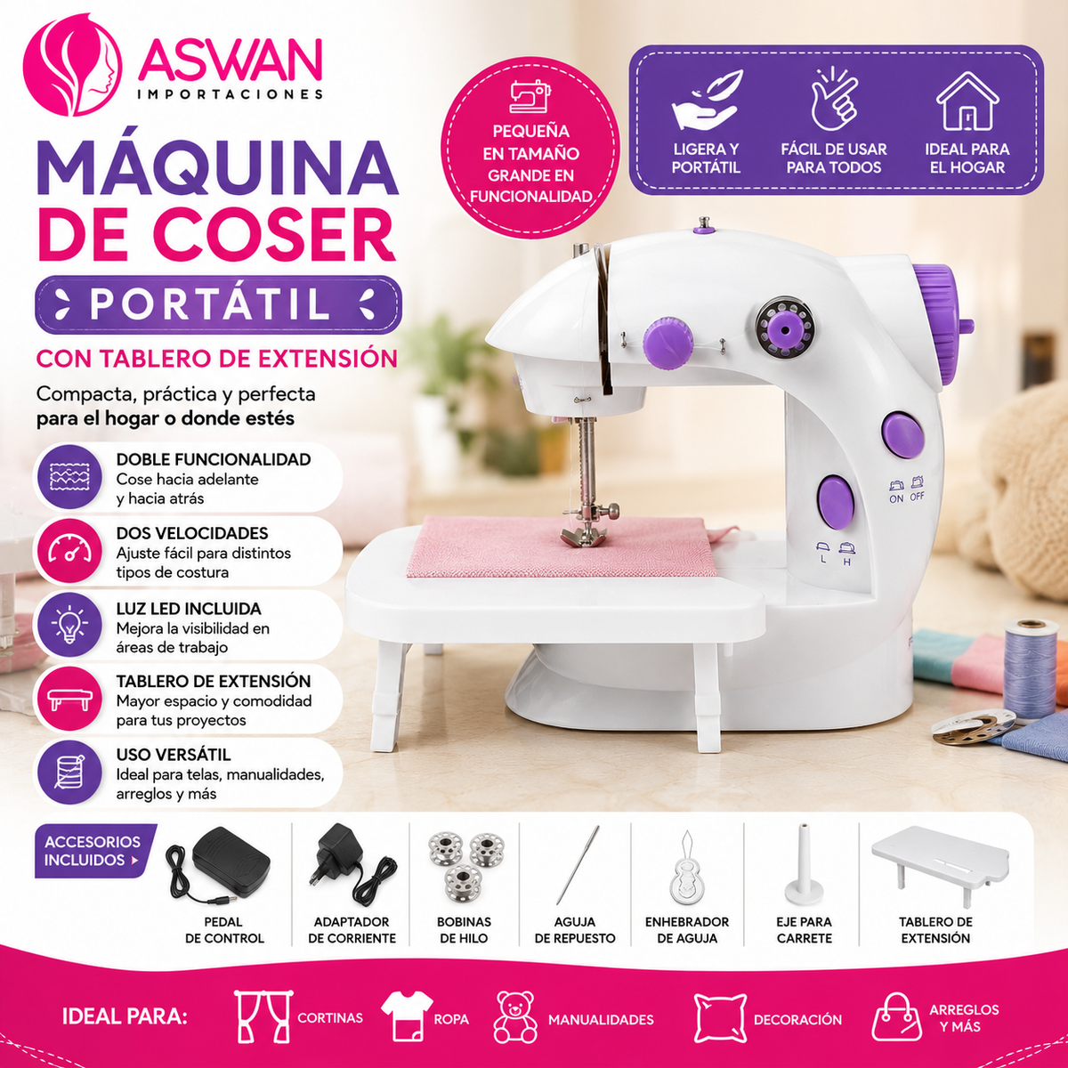 MÁQUINA DE COSER PORTÁTIL CON TABLERO DE EXTENSIÓN